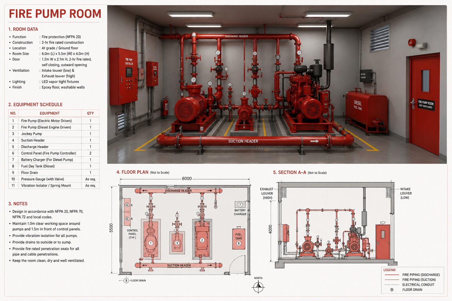 Fire pump room reference layout — room data, equipment schedule, floor plan and section A-A showing electric / diesel / jockey pump arrangement to NFPA 20